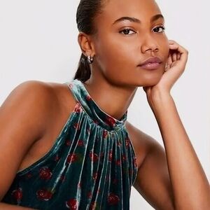 Floral Velvet Shirred Sleeveless Mock Neck Top